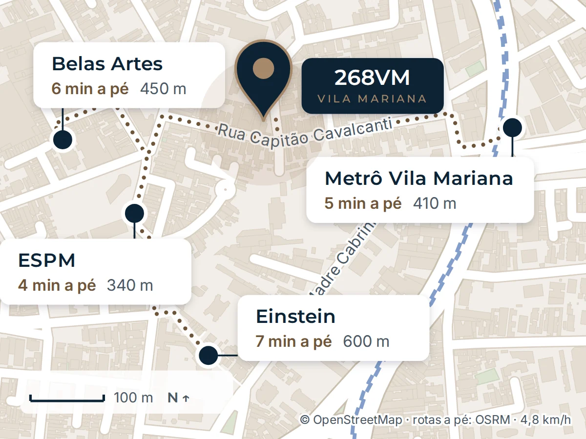 Mapa com rotas a pé a partir do 268VM: ESPM a 340 m (4 min), Metrô Vila Mariana a 410 m (5 min), Belas Artes a 450 m (6 min) e Einstein Vila Mariana a 600 m (7 min).